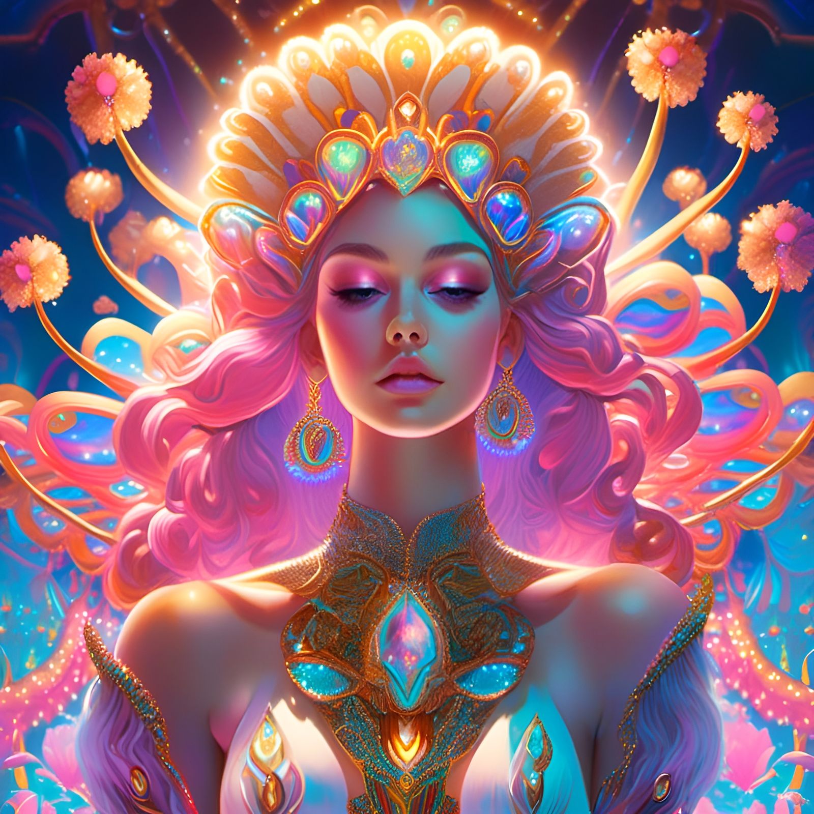 Angelic Guardian in Bioluminescent Galaxy