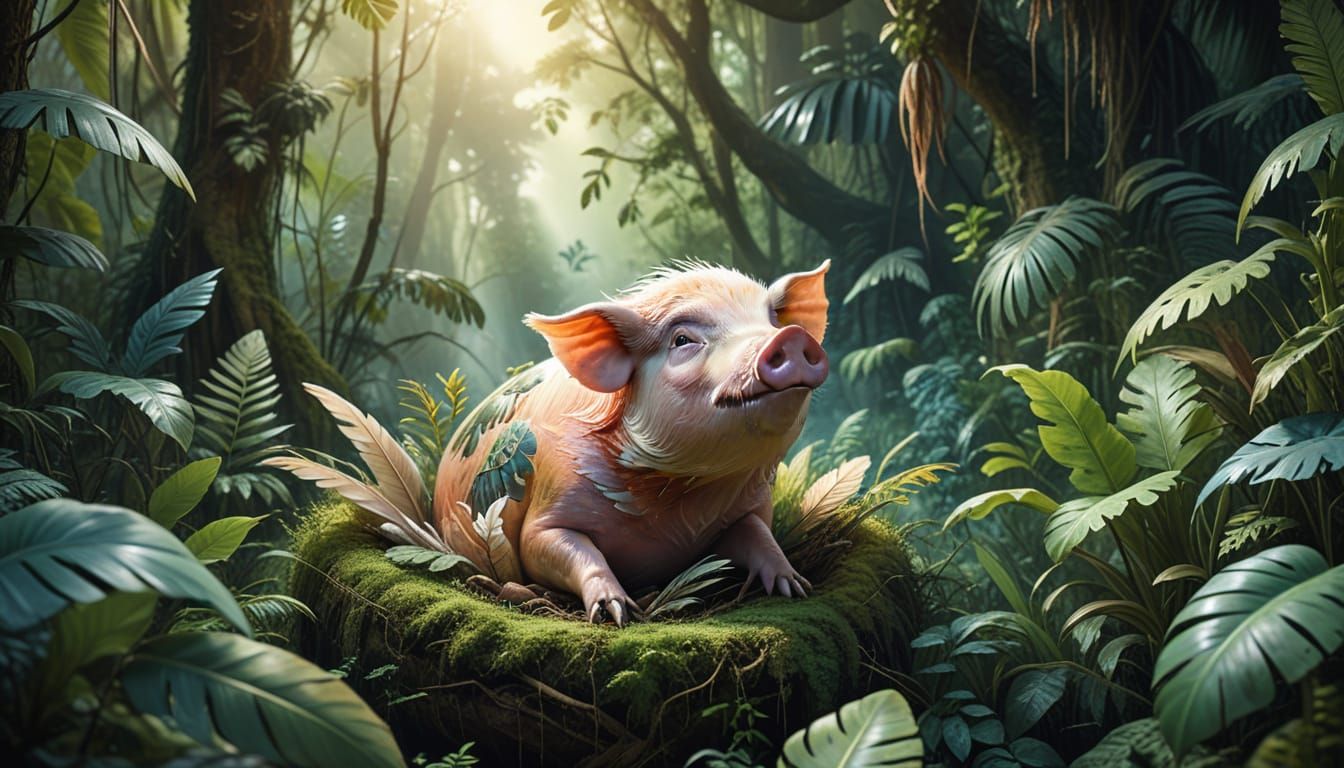 Pig Eagle Hatching From Egg in Watercolor Jungle