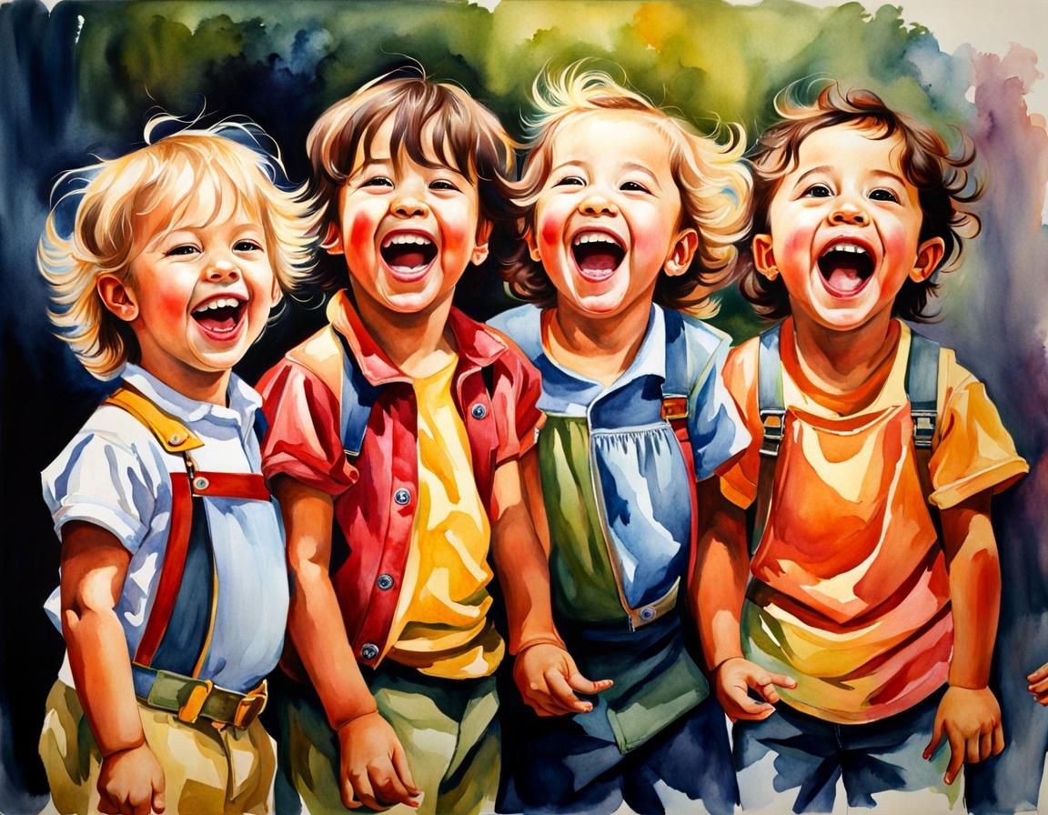 Laughing Preschoolers in Watercolor Painting Style
