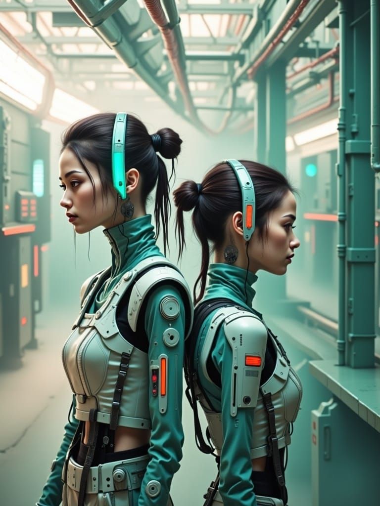 Cyberpunk Couple Stand Guard in Misty Hallway