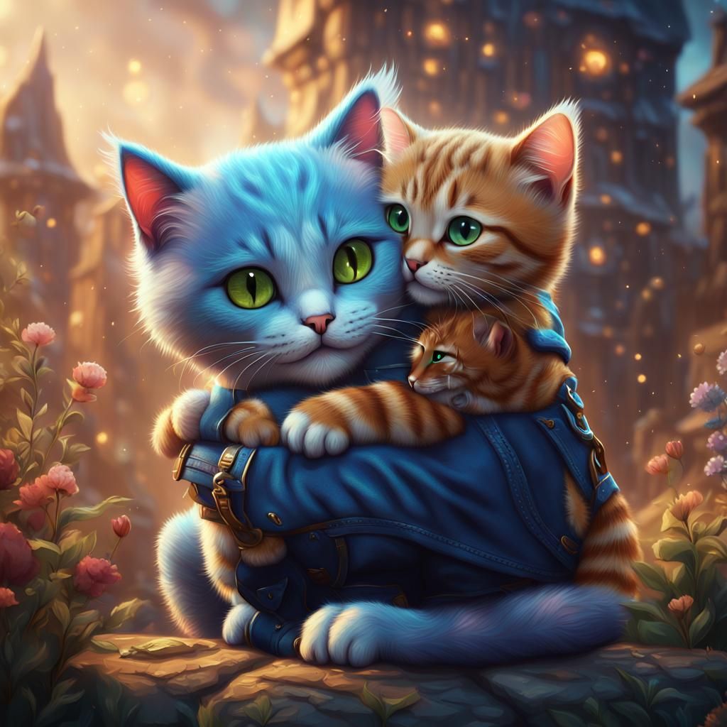 Two Cute Cats Hugging: Detailed Digital Art