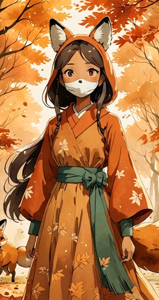 Muslim girl long modest dress autumn theme with a cute fox mask with ears
Anime studio ghibli