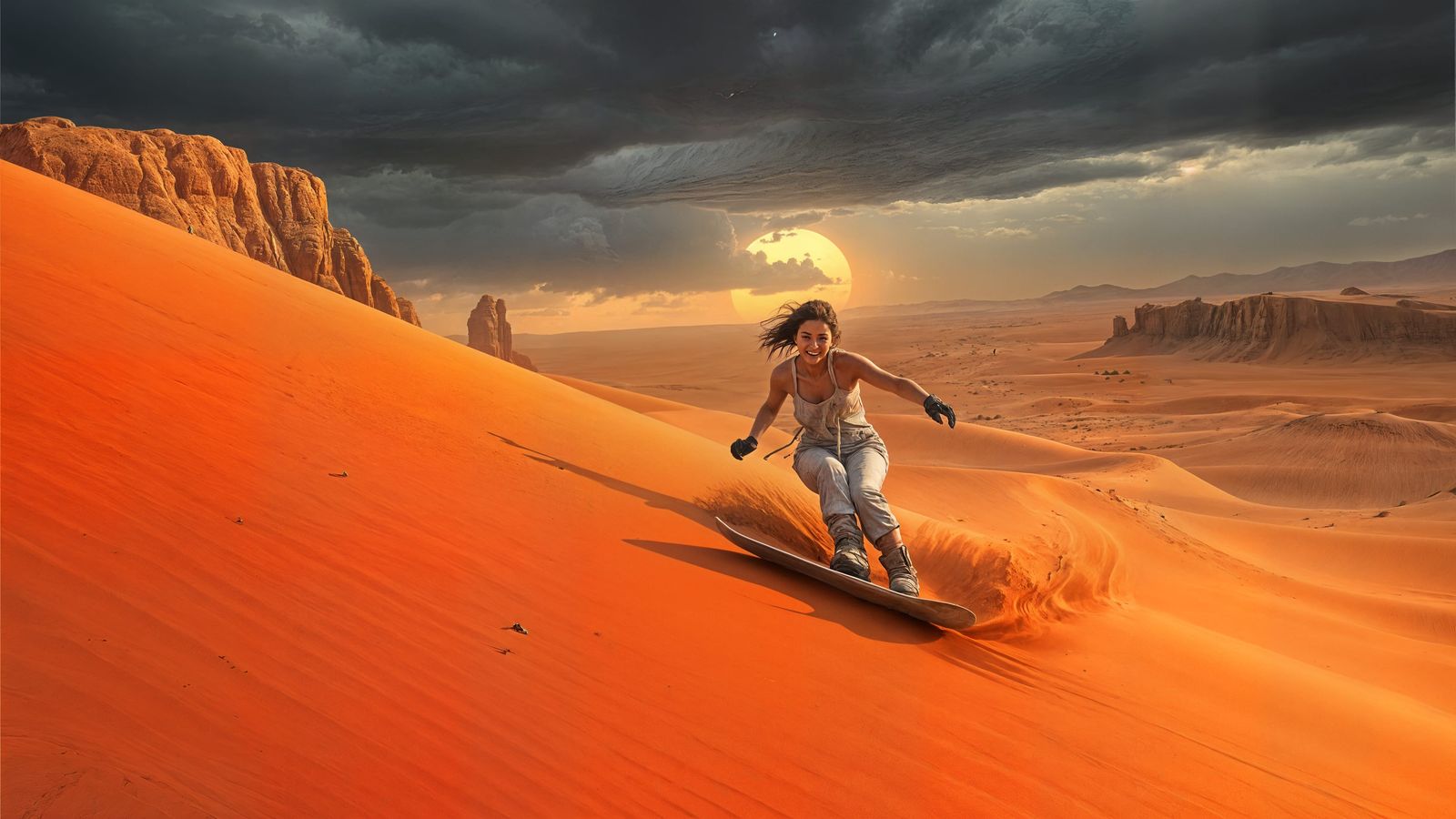 Alien Desert Snowboarder in Frazetta Style Landscape