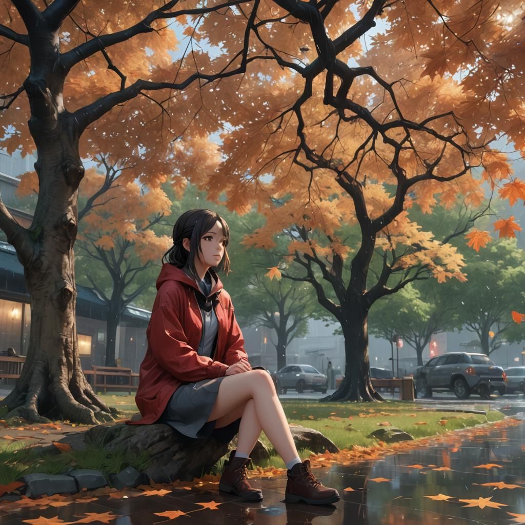 Anime Girl in Rainy Maple Tree Scene