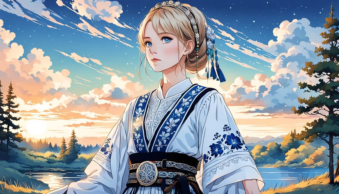Anime Art: Stunning Estonian Woman in Traditional Dress