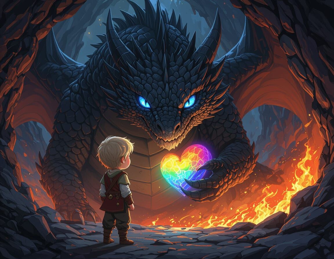 Boy and Dragon Heart in Dark Fantasy Style