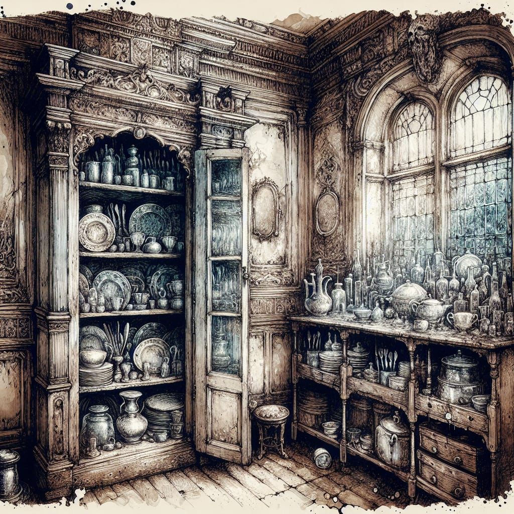 Decaying Victorian Butler's Pantry in Alcohol Ink