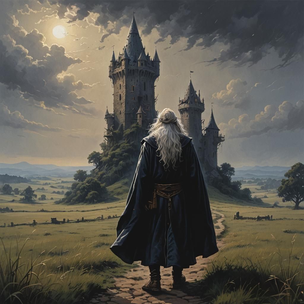 Wizard Approaches Tower in 8-bit Style