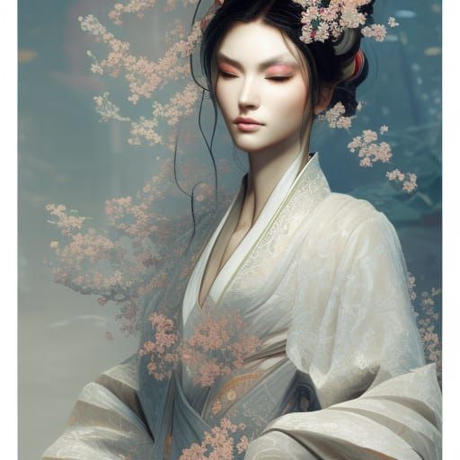 Elegant Geisha with White Lotus in Digital Art