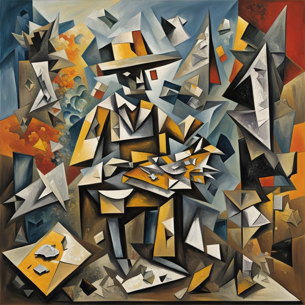 Cubist Figure Painting with Crystal Facets