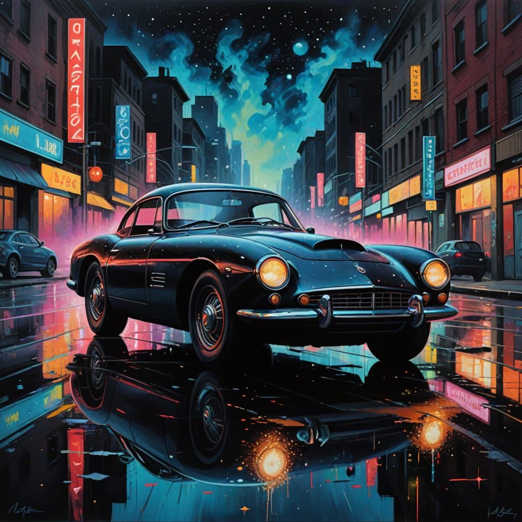 1950s Sports Car on Highway in Gothic Concept Art Style