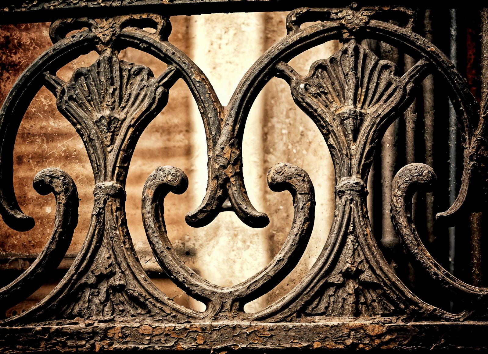 Rusty New Orleans Balcony Ironwork in Art Nouveau Style