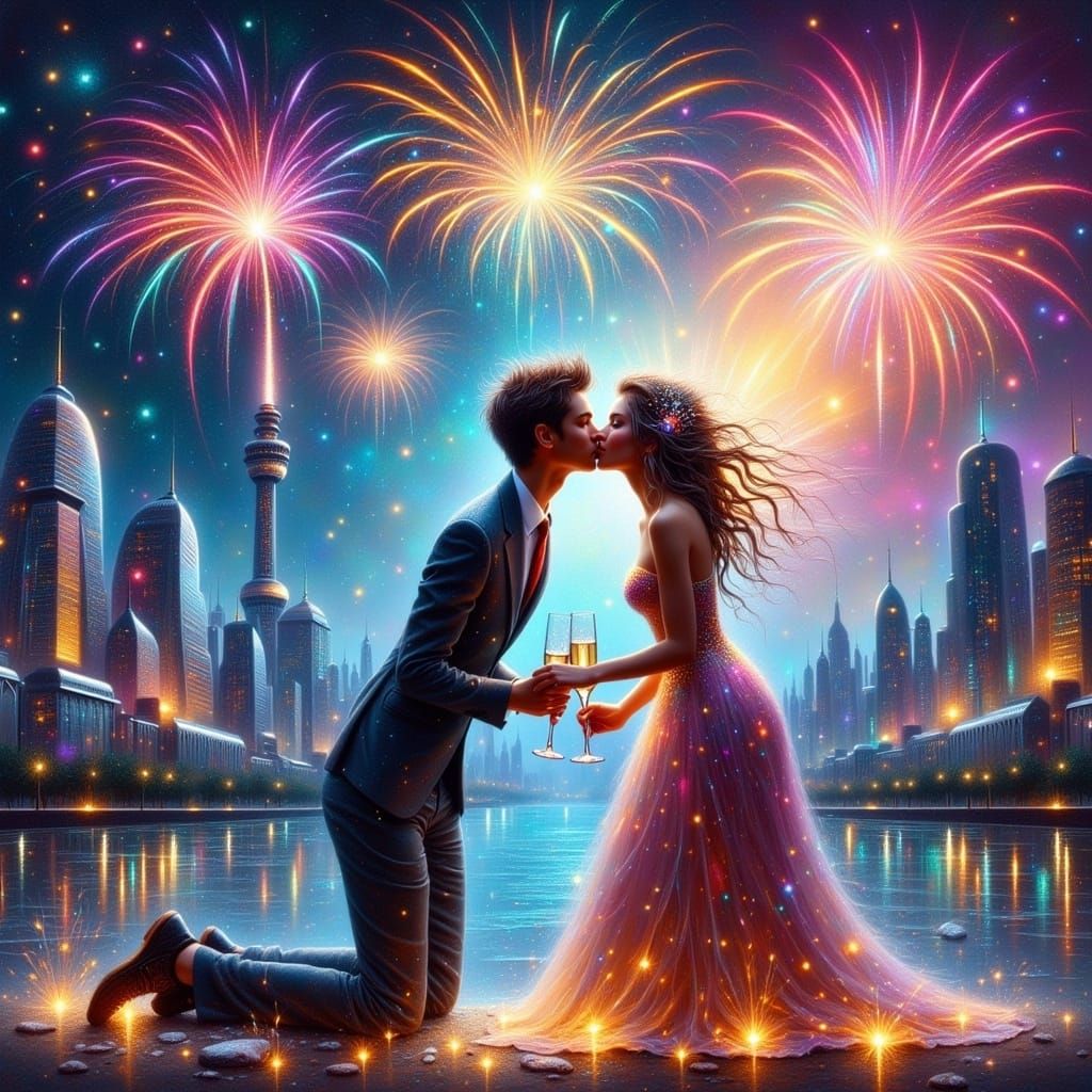 Surreal Vortex of First Kiss Under Fireworks
