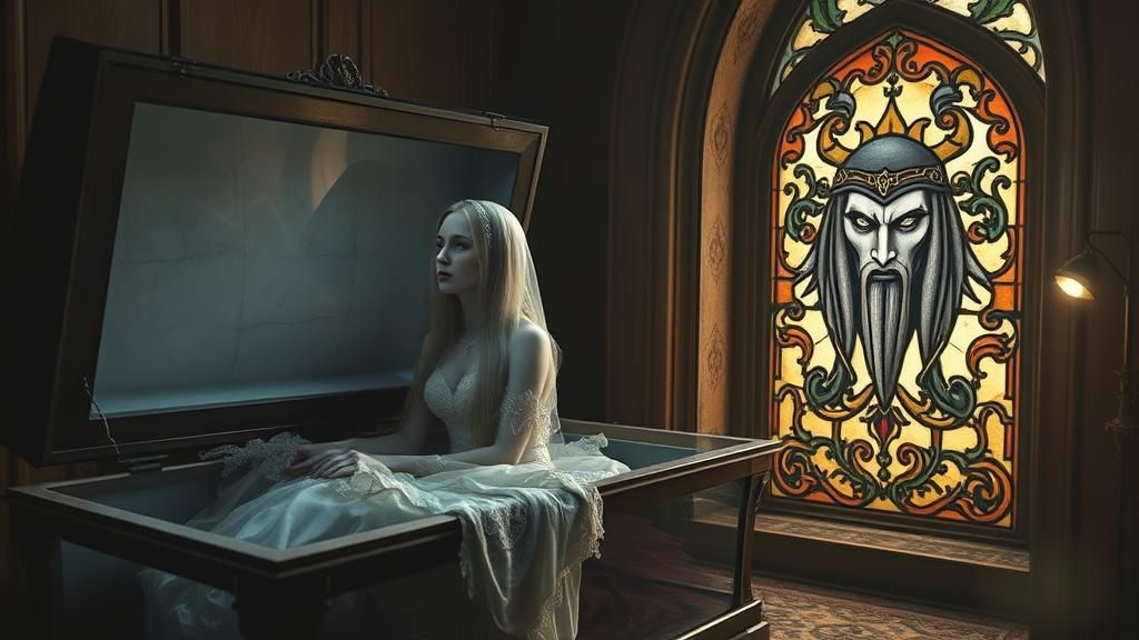 Vampire Awakening in Glass Coffin, Gothic Scene