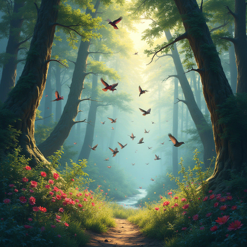 Iridescent Birds Soaring in Primeval Forest