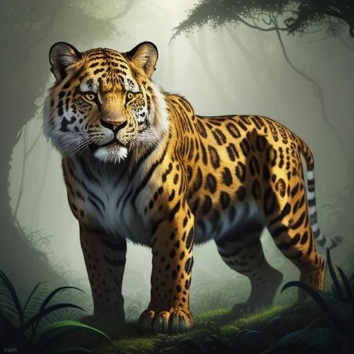 Big Cat Hybrid in Lush Jungle, Fantasy Art