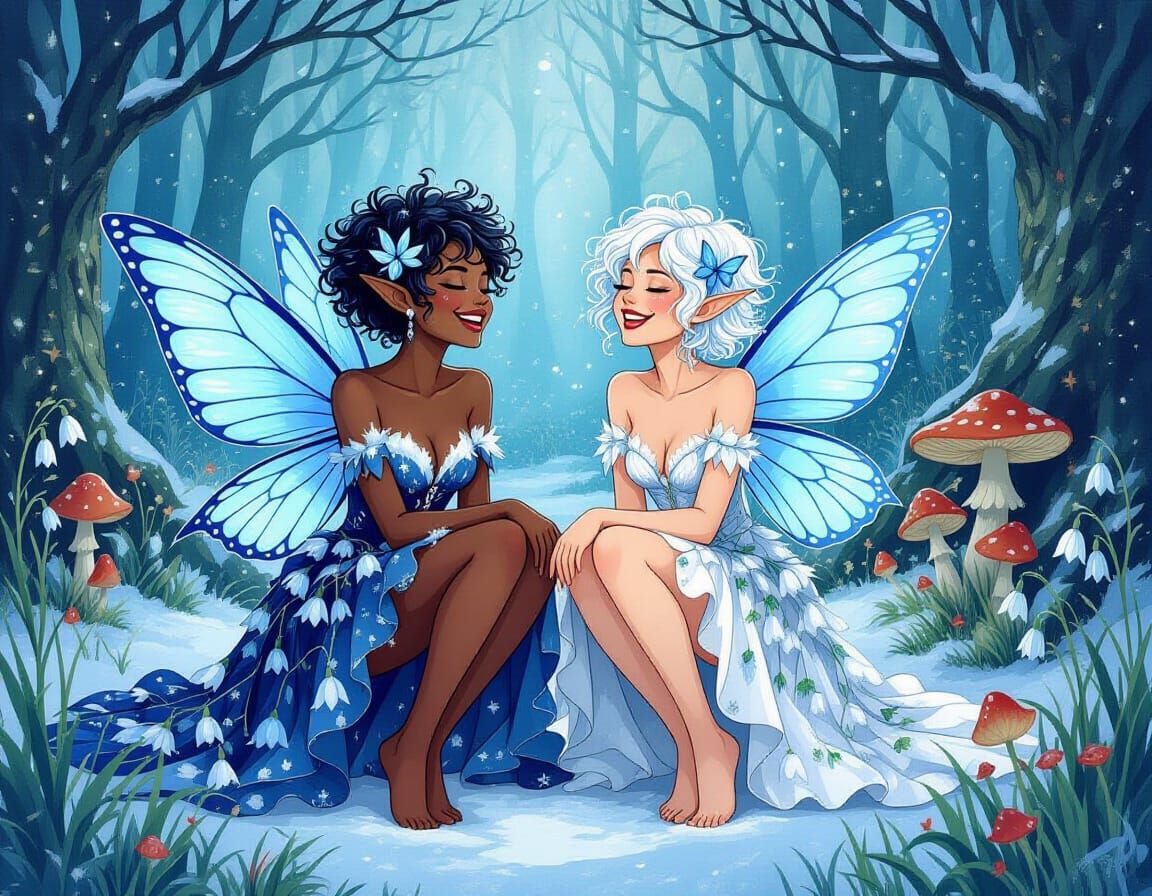 Magical Fairies Laughing in Snowy Enchanted Forest