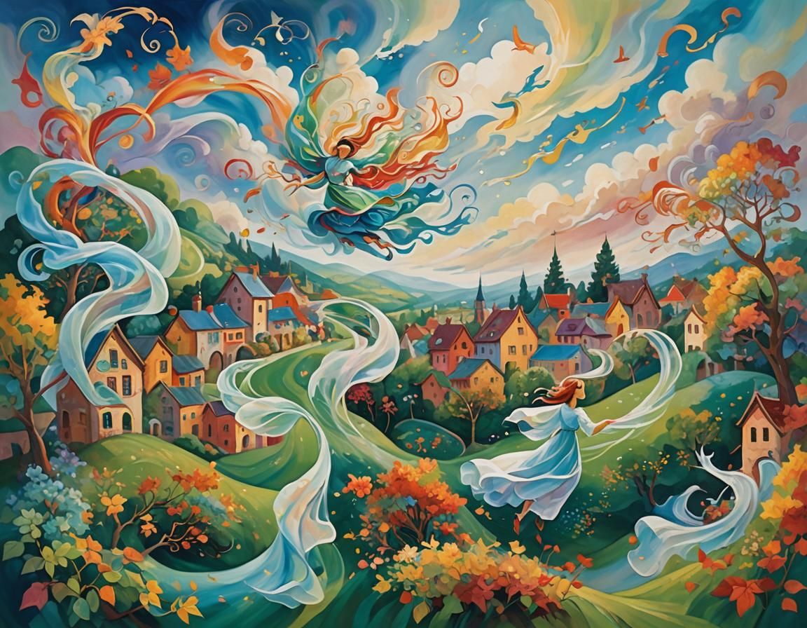 Ethereal Wind Spirits Swirling in a Whimsical Landscape