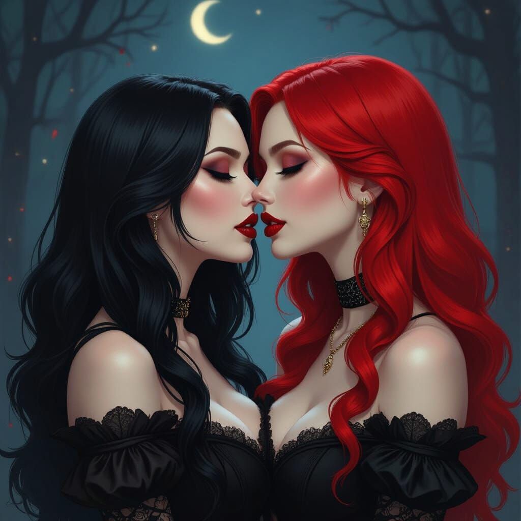 Two Vampire Women in Intimate Embrace: Gothic Romance