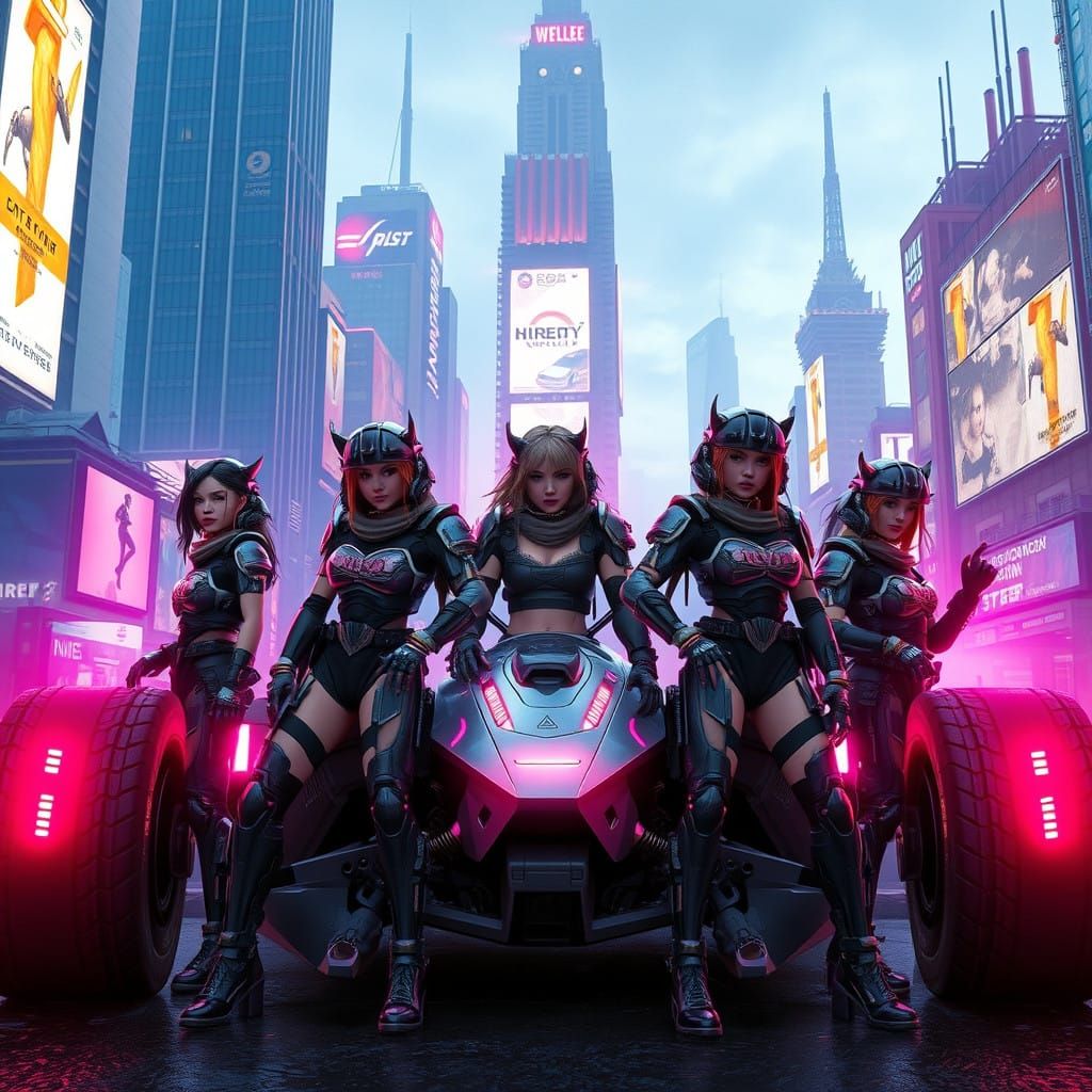 Cyberpunk Squad Girls Pose with Neon-Lit Vehicle in Dystopia...