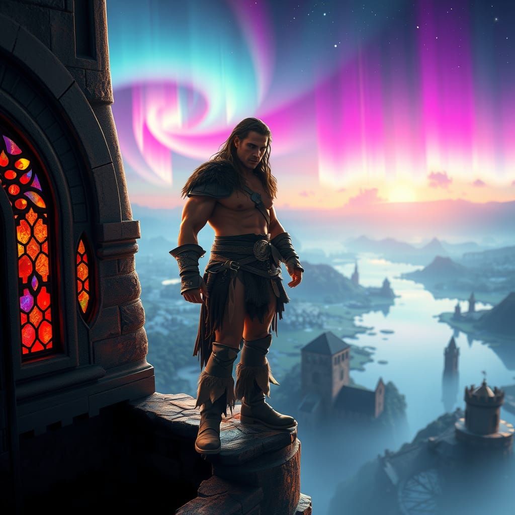 Conan Overlooking Paradise Under Aurora Borealis