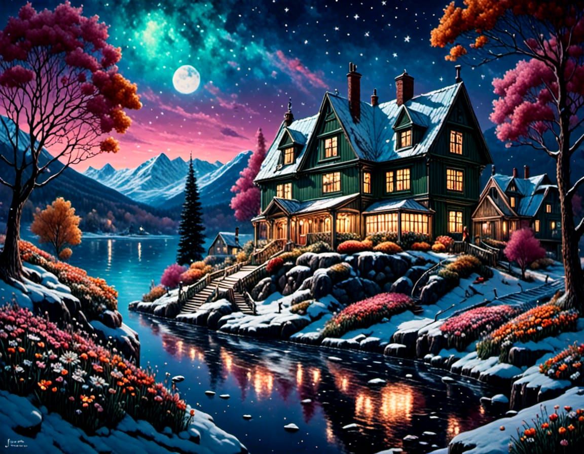 Nordic Mansion Under a Colorful Winter Sky