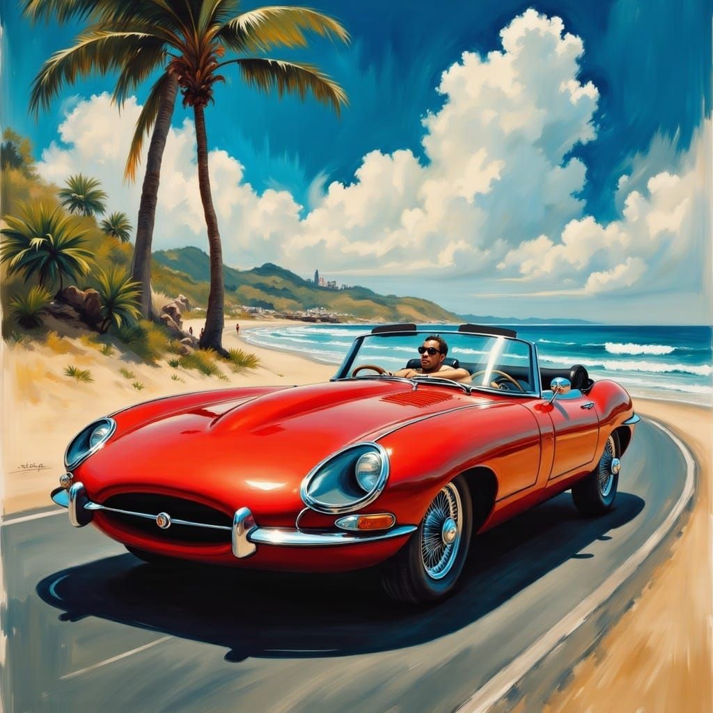 Dashing Playboy Cruises in Cherry-Red Convertible Sports Car