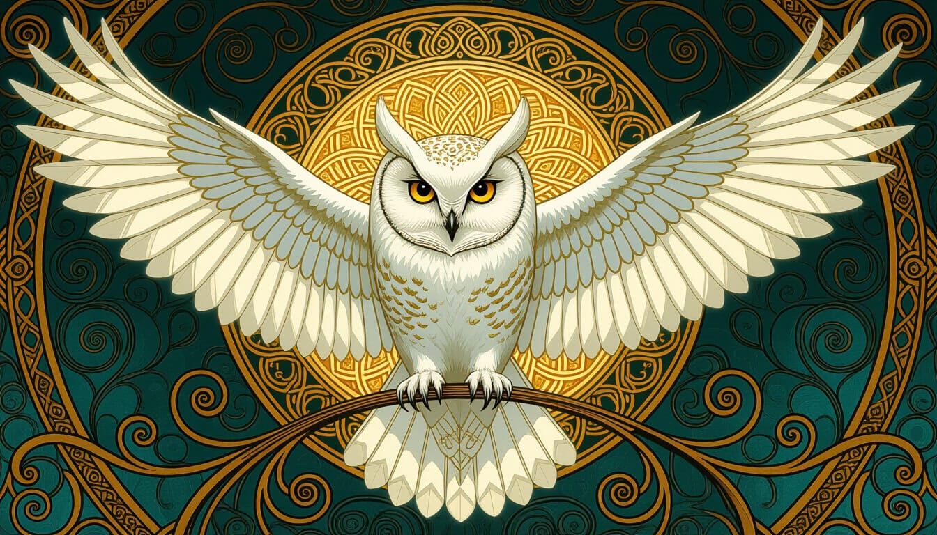 Mystical White Owl with Celtic Mandala and Gold Accents