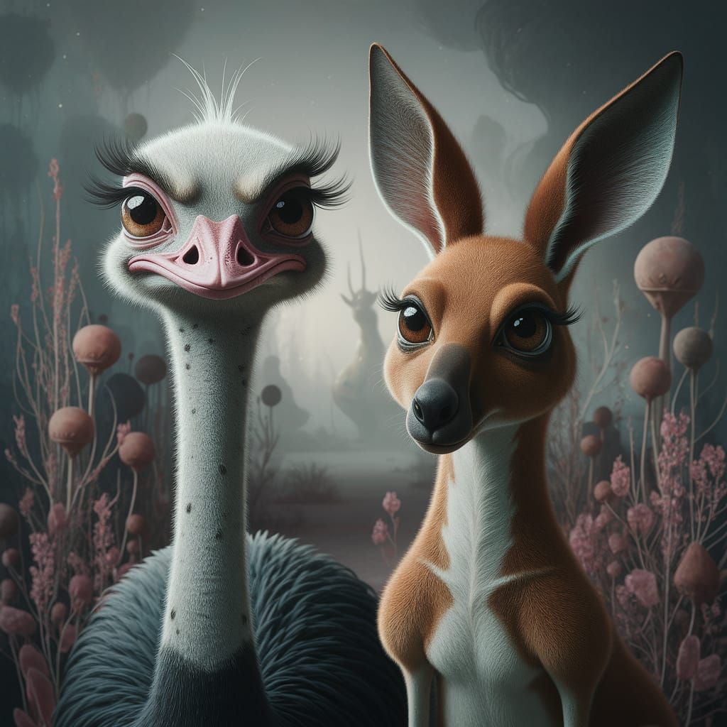 Surreal Whimsical Painting of Elongated Ostrich and Kangaroo...