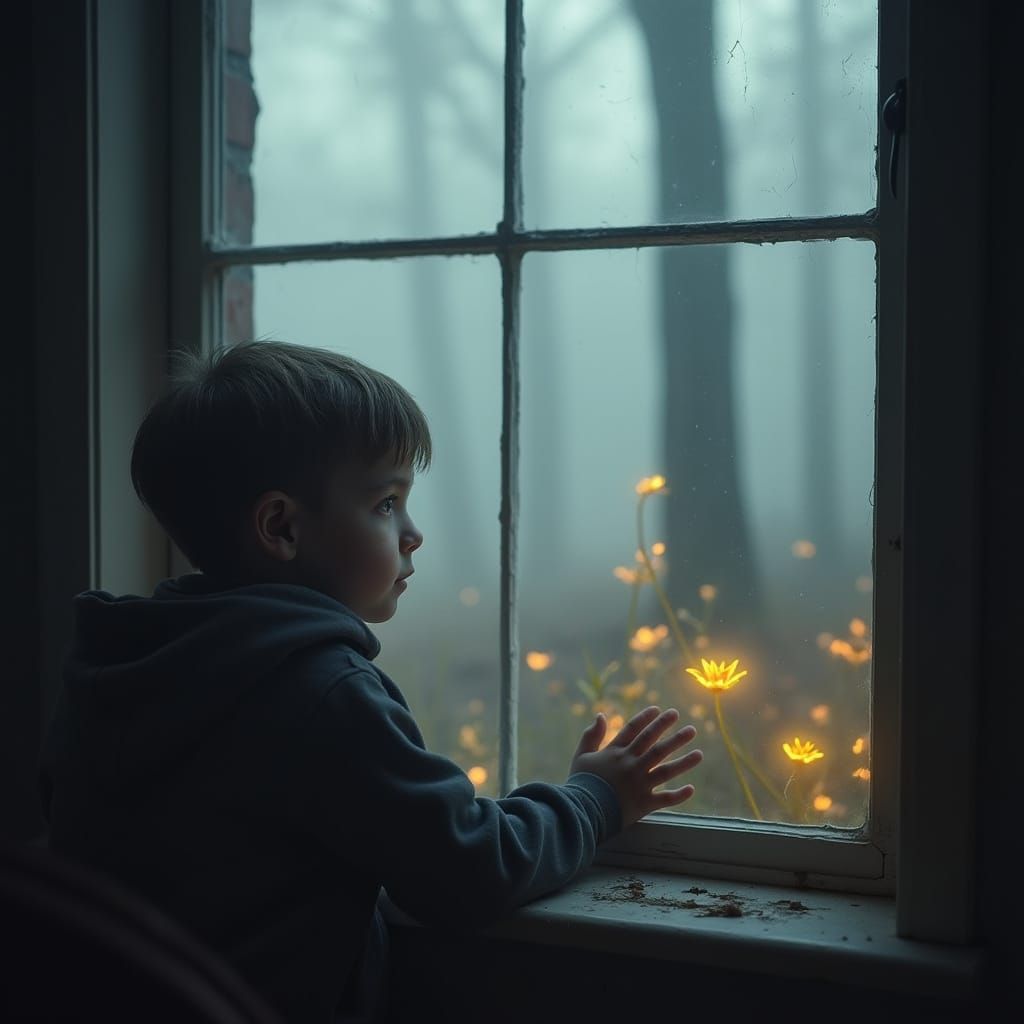 Boy Gazing at Ethereal Forest in Cinematic Style
