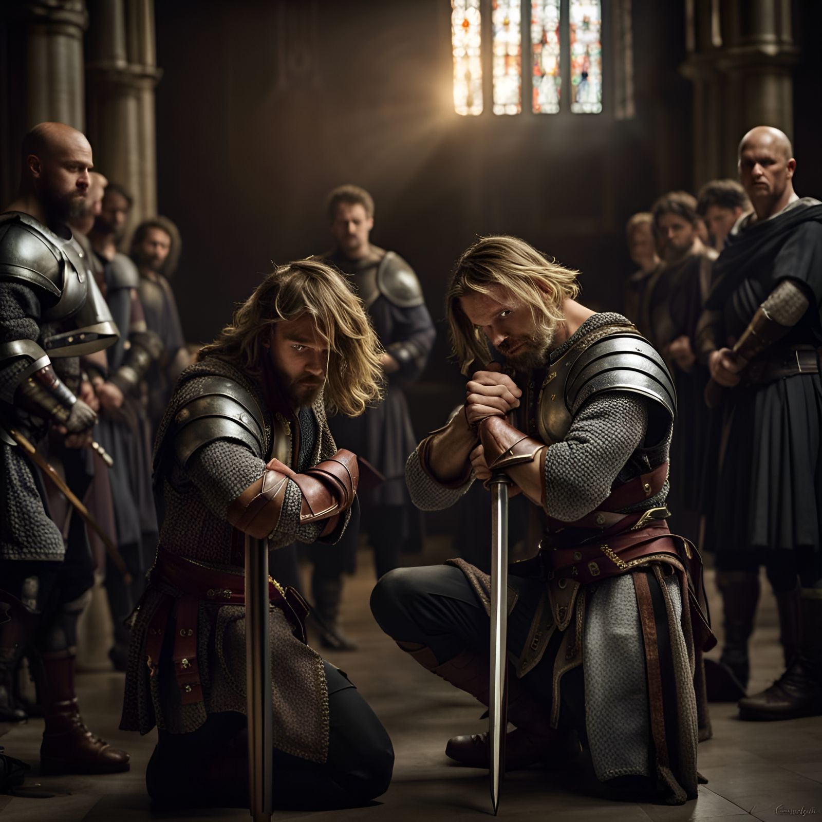 Kneeling in front of King Arthur