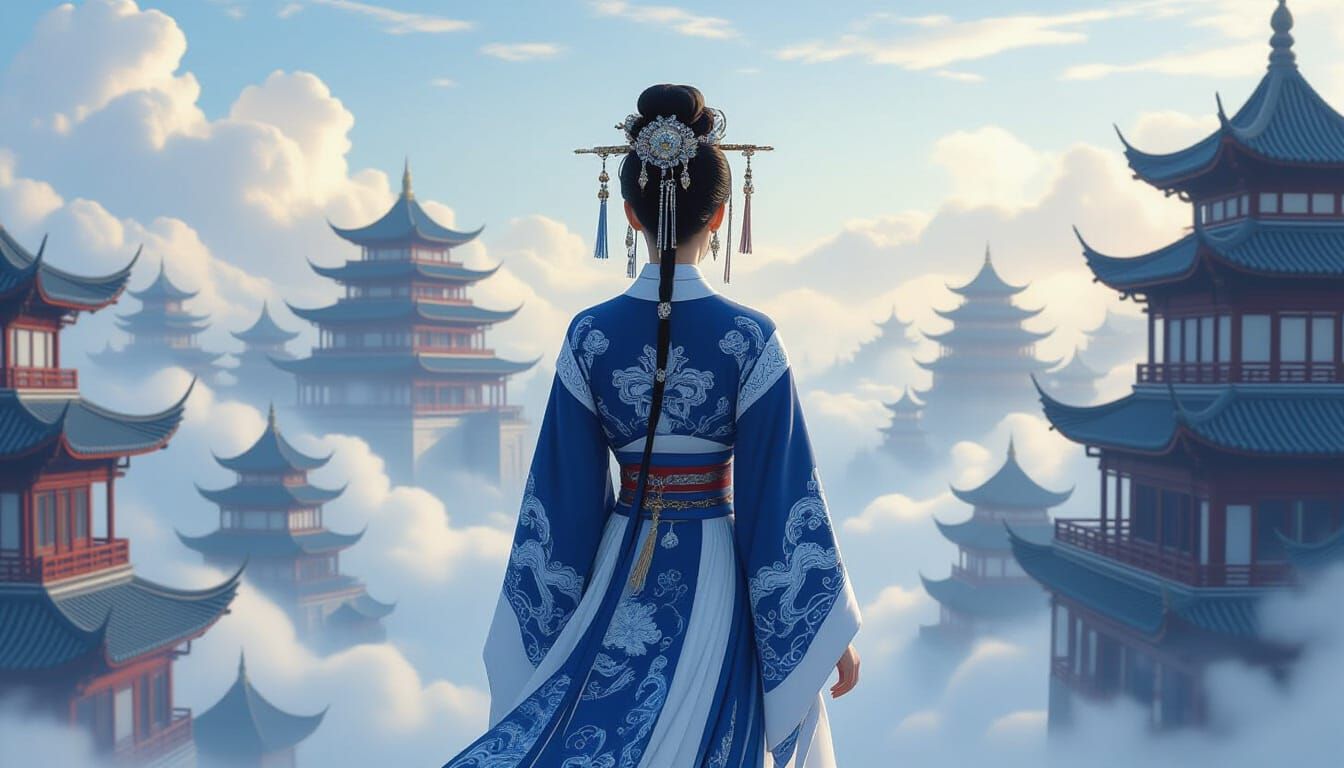 Ethereal Hanfu Woman in Floating Chinese City