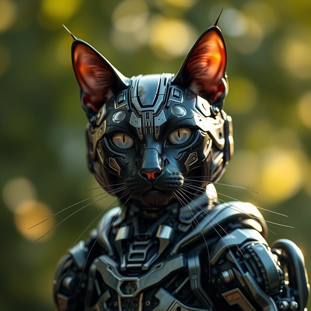 Cybernetic Feline Hybrid in Futuristic Landscape