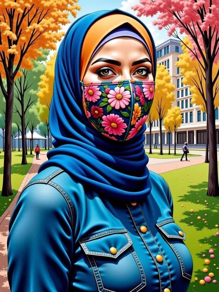 Masked Student in City Park: Oil-Guache Style Portrait