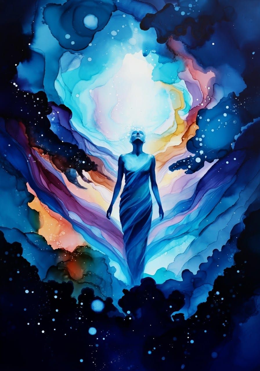 Ethereal Figure in Iridescent Vortex: Digital Art