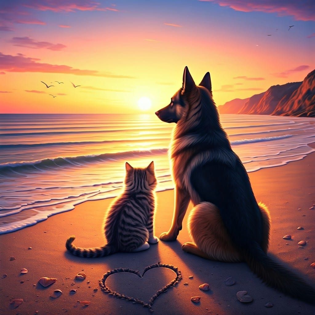 Golden Sunset Scene with Kitten and German Shepherd