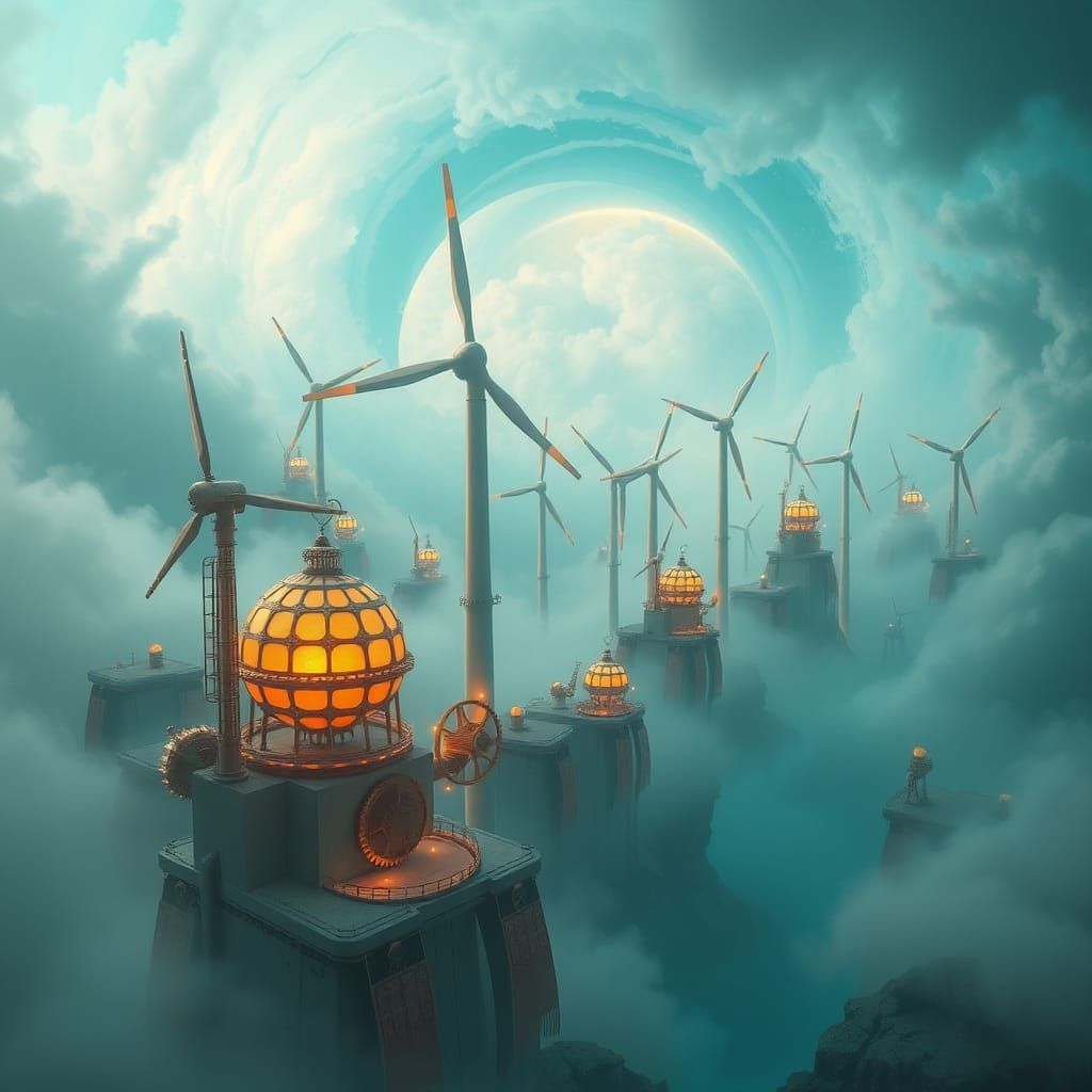 Ethereal Wind Turbine Cities in Vaporwave Windpunk Style