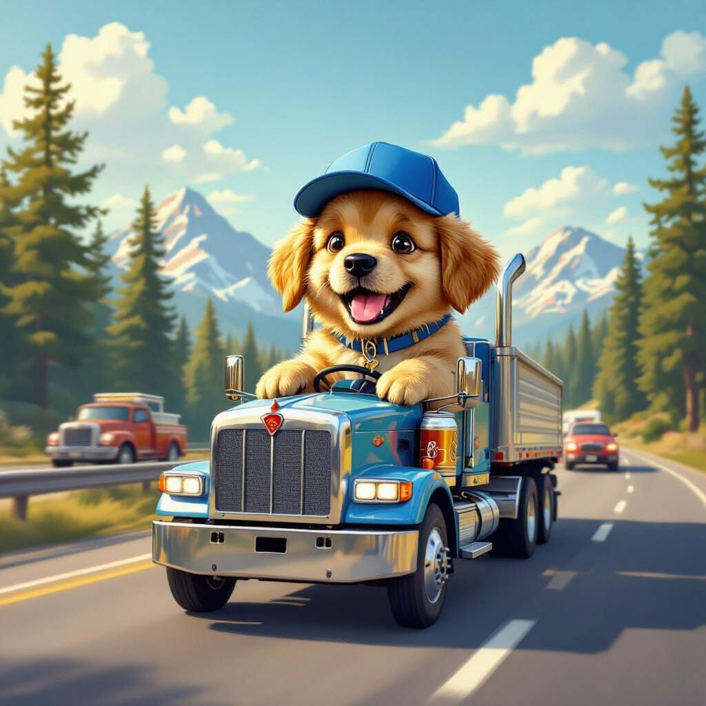 Golden Retriever Puppy Drives Semi Truck on Highway
