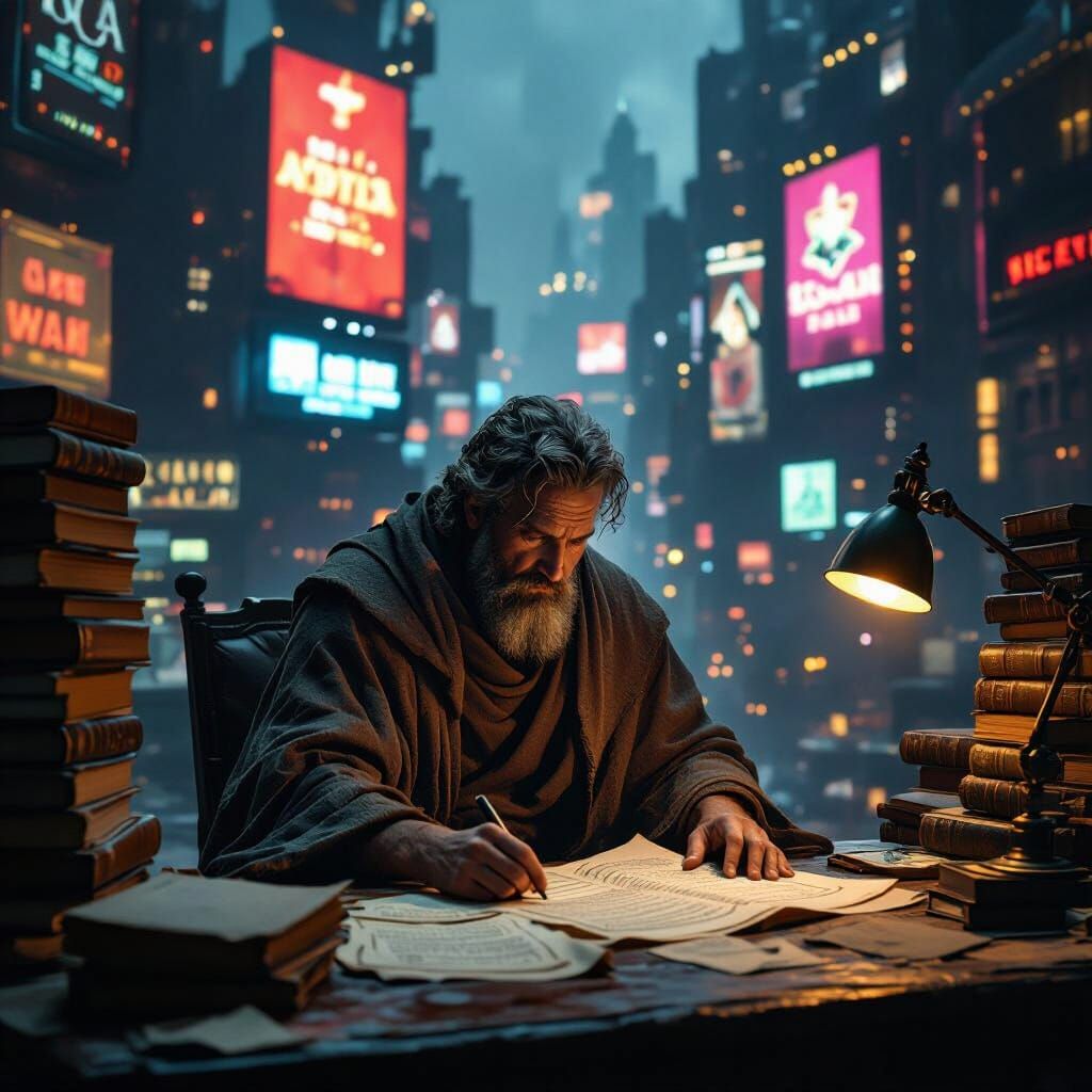 Philosopher in Futuristic City Study, Cinematic Style