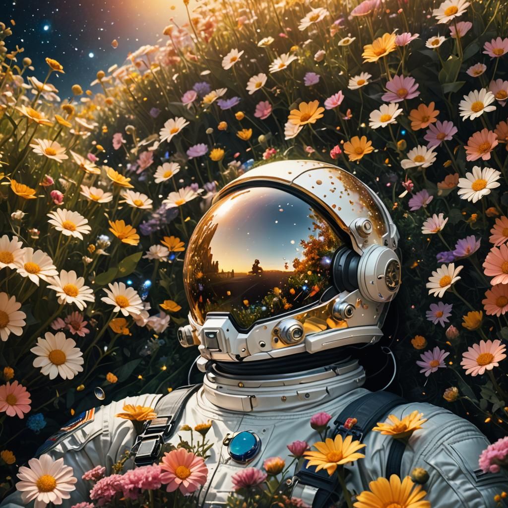 Astronaut in Flower Garden Reflecting Universe