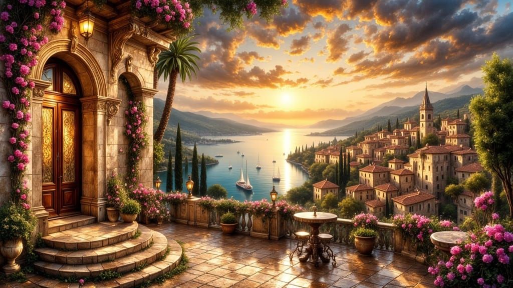 Mediterranean Village Sunset from Ornate Balcony