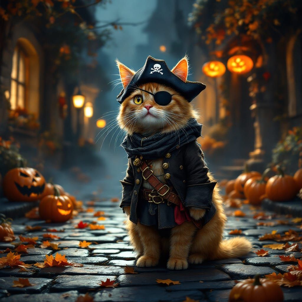 Brave Pirate Cat on Halloween Street