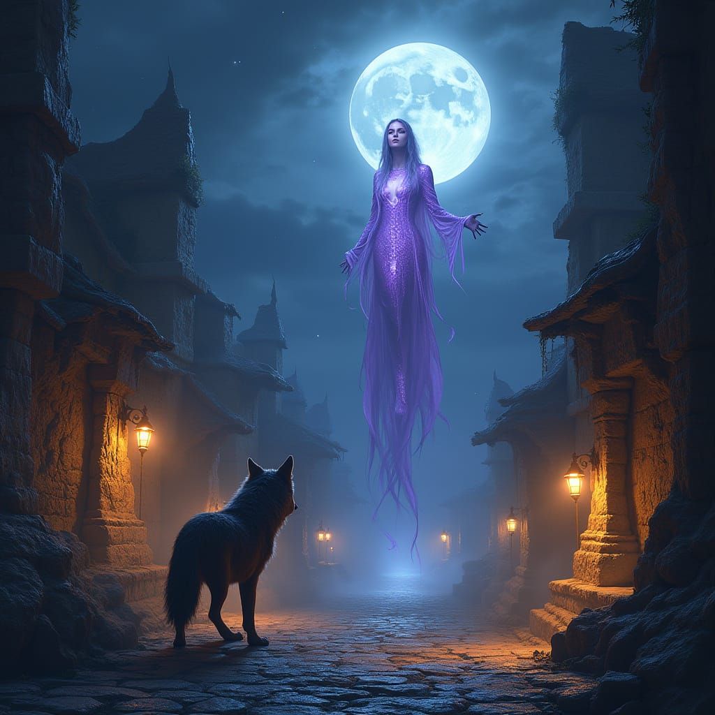 Ethereal Goddess Descends Amidst Wolf Guardian and Underworl...