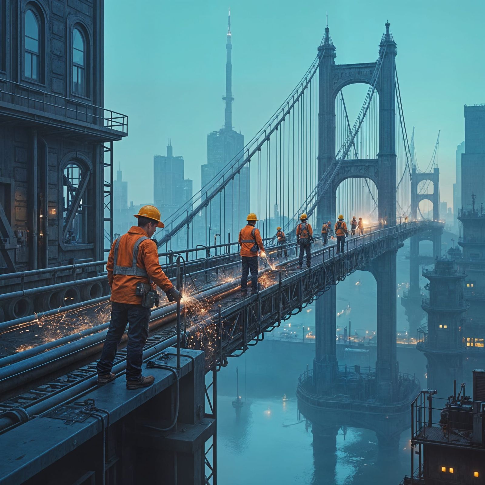 Futuristic Suspension Bridge Construction with Engineers