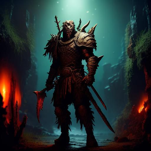 Gwar Warrior in Dimly Lit Dungeon, Fantasy Art