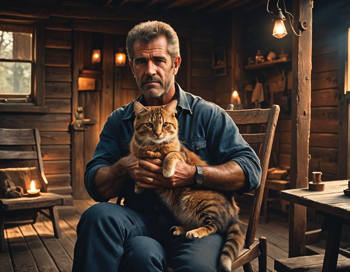 Mel Gibson Holding Cat in Rustic Cabin