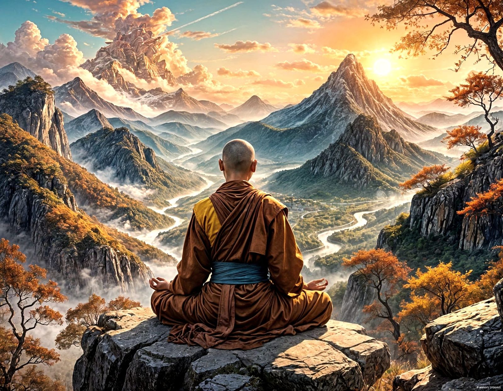 Meditating Monk in Mountains: Hyperrealistic Splash Art