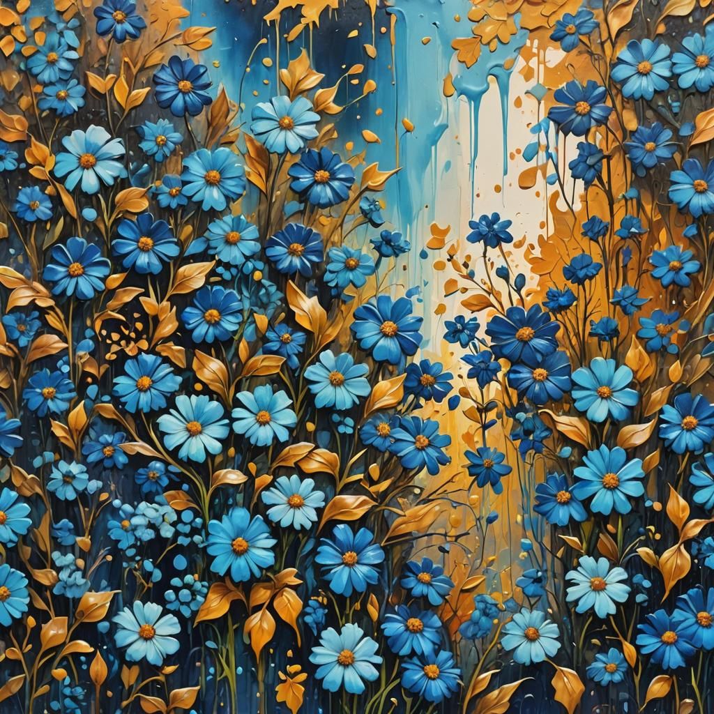 Vibrant Graffiti Art of Blue Autumn Flowers