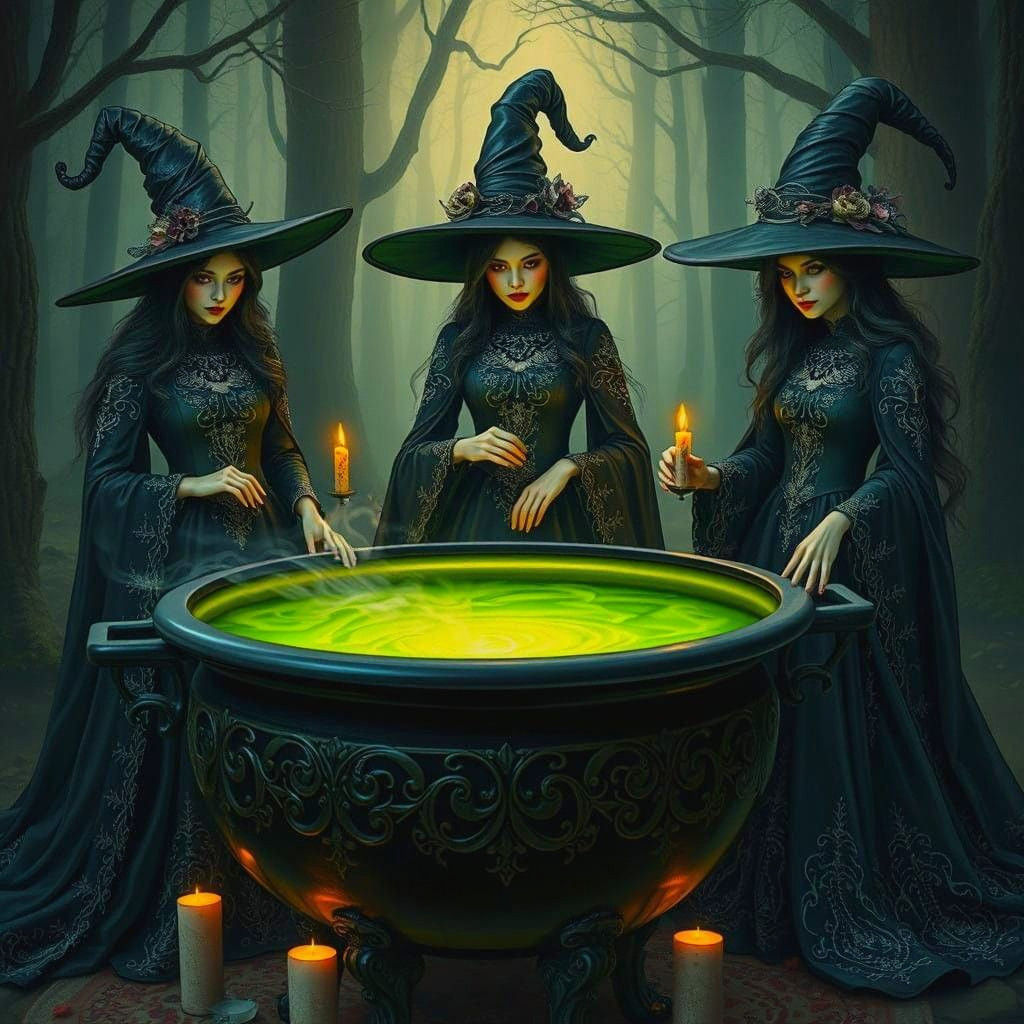 Three Witches Conjure Magic Around a Cauldron