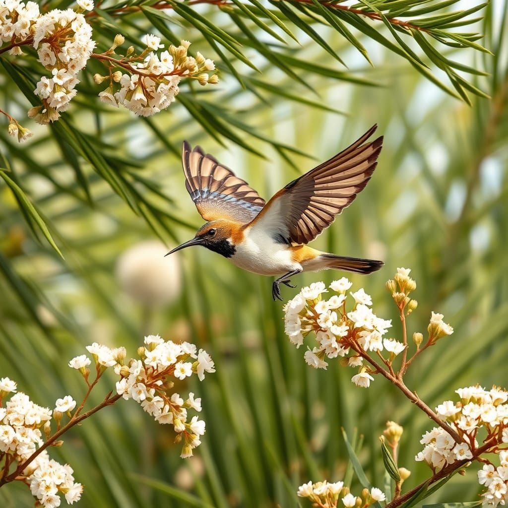 Mockingbird Among Date Palm Blossoms: Whimsical Botanical Ar...
